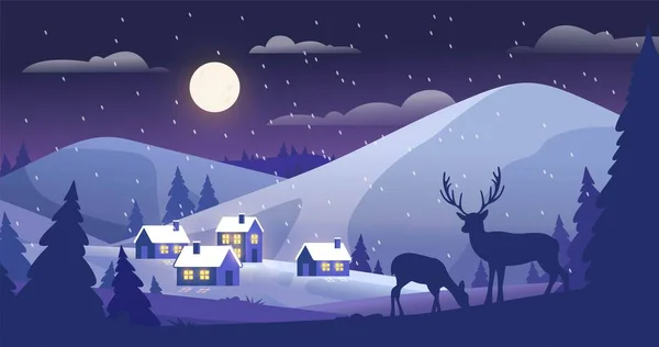 Night winter landscape. Silhouettes of deer against backdrop of snowfall and houses, tress on hills. Cold weather and winter season. Natural beautiful panorama. Cartoon flat vector illustration