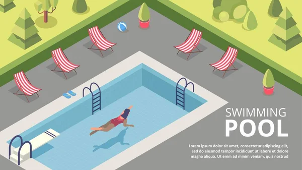 Schwimmbadkonzept Frau Roten Badeanzug Schwimmt Wasser Neben Liegestühlen Erholen Sie — Stockvektor