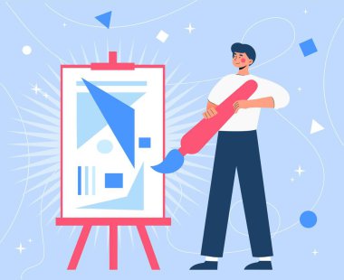 Tuvali olan bir sanatçı. Fırçalı adam mavi geometrik şekillerin soyut resmini çizer. Stüdyo ve atölyede sanatçı. Minimalist yaratıcılık ve sanat. Çizgi film düz vektör çizimi