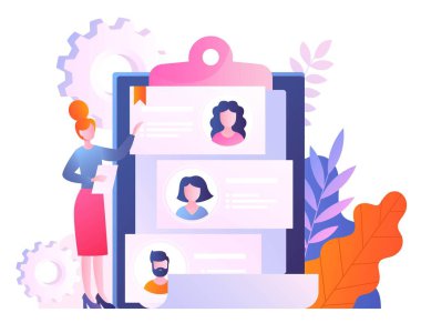 Yönetim kavramı. Kadın çalışanları sıralıyor ve onlara iş veriyor. Etkili çalışma süreci organizasyonu ve ekip içinde iyi bir atmosfer.