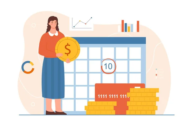 支払いカレンダーのコンセプト 女性はカレンダーの背景に金貨を持っています 財政リテラシーと予算と支払いの計画 漫画フラットベクターイラスト — ストックベクタ