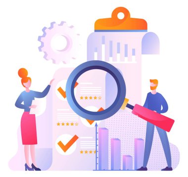 Araştırma kavramı cevaplar. Elinde büyüteç olan kadın ve adam belgelere bakar ve metinleri, grafikleri, şemaları analiz eder. Analistler pazar araştırması yapıyor. Çizgi film düz vektör çizimi