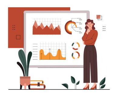 Performans gözden geçirme konsepti. Kadın grafikleri ve grafikleri değerlendiriyor, istatistik ve bilgi grafikleriyle çalışıyor. Şirket geliştirme, gelir ve gider değerlendirmesi, bütçe. Çizgi film düz vektör çizimi