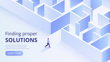 Uygun çözüm pankartı. Labirente yakın bir adam, iş adamı soruna çözüm arıyor. Labirentin girişindeki genç adam. İniş sayfası tasarımı. Karikatür izometrik vektör çizimi