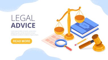 Yasal danışmanlık konsepti. Altın pullu ve büyük kitaplı büyüteç. Yargı ve hukuk bürosu. İniş sayfası tasarımı. Karar ve yargı. Karikatür izometrik vektör çizimi