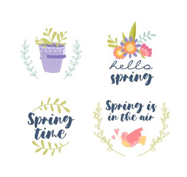 Bahar elementleri hazır. Web sitesi için grafik elementlerin toplanması. Metin ve çiçeklerle çerçeveler. Tebrik kartı için tasarım elemanları. Beyaz arkaplanda izole edilmiş çizgi film düz vektör çizimleri