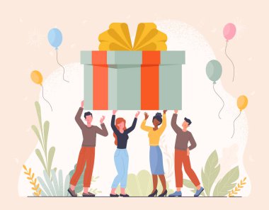 Hediye tutan insanlar. Büyük kutulu kadın ve erkekler. Hediye ve sürpriz. İnternet sitesi, pazarlama için reklam afişi ya da afişi. Yeni yıl, Noel ve doğum günü. Çizgi film düz vektör çizimi