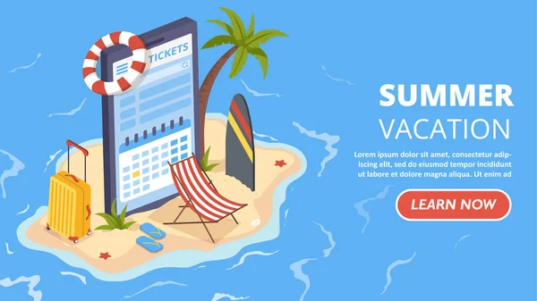 Isometrische Sommerferien Sand Mit Sonnenliege Und Surfbrett Smartphone Mit Kalender — Stockvektor