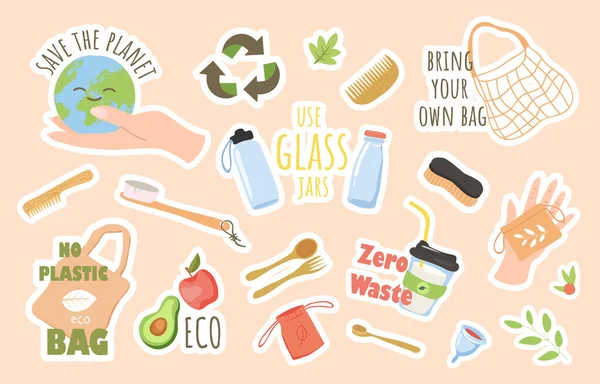 Set Pegatinas Cero Residuos Salva Planeta Uses Plástico Reciclaje Reutilización — Vector de stock