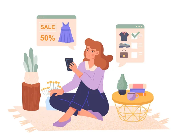 Online Einkaufen Frau Bestellt Kleidung Und Schuhe Internet Elektronischer Handel — Stockvektor