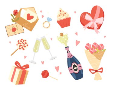 Şampanya Sevgililer Günü seti. Alkollü içki şişeleri ve bardaklar. İçinde kalp, hediye kutusu ve lolipop olan bir zarf. Kek ve yüzük. Beyaz arkaplanda izole edilmiş çizgi film düz vektör çizimleri