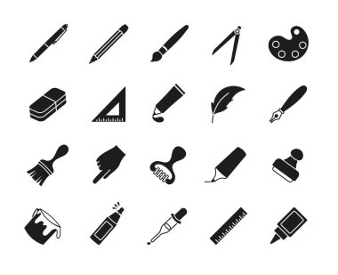 Çizim araçları simgeleri siyah set. Web sitesi için grafik elementlerin toplanması. Cetvel ve kalem, kalem. Sanat ve yaratıcılık ekipmanları. Beyaz arkaplanda izole edilmiş çizgi film düz vektör çizimleri