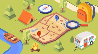 Seyahat izometrik bileşimi. Nehir ve evin yanında pusula ve büyüteçle harita. Şenlik ateşi ve çadır, kürekli tekne. Navigasyon ve varış yeri. Çizgi film vektör illüstrasyonu