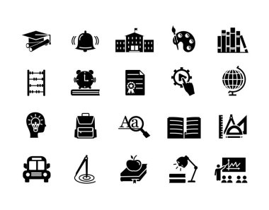 Eğitim siyah simgeleri ayarlandı. Web sitesi için grafik elementlerin toplanması. Kişisel gelişim, öğrenme ve eğitim. Üniversite ya da okul. Beyaz arkaplanda izole edilmiş çizgi film düz vektör çizimleri