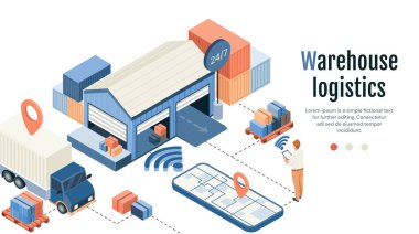 Akıllı dağıtım konsepti. Adam akıllı telefon ekranının yanındaki depoda duruyor. Çevrimiçi alışveriş ve mal taşımacılığı. Elektronik ticaret. İniş sayfası tasarımı. Karikatür izometrik vektör çizimi