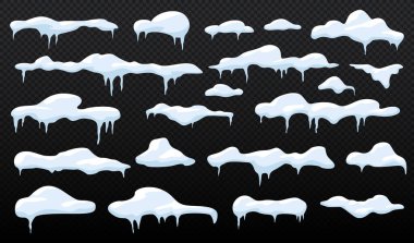 Bir çift kar örtüsü. Mayın sahasında kar yığınları. Kış mevsiminin ve soğuk havanın sembolü. Yılbaşı ve Noel. Şeffaf arkaplanda izole edilmiş çizgi film düz vektör çizimleri