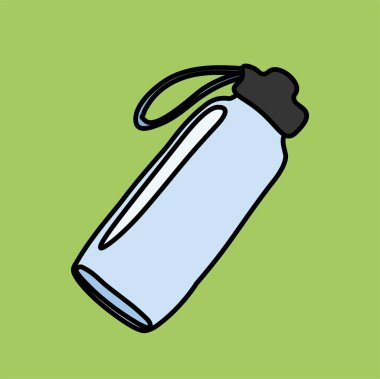 Çevre dostu fitness şişesi. Su ve sıvı için paketleme. Susuzlukla savaş ve su tuz dengesini sağla. Doğayla ve ekolojiyle ilgilenmek. Poster ya da afiş. Çizgi film düz vektör çizimi