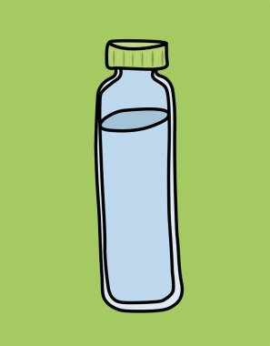 Çevre dostu cam şişe. Su ve saf şeffaf sıvı. Aqua ve H2O. Saflık ve tazelik. Sosyal ağlar ve kuryeler için etiket. Çizgi film düz vektör çizimi