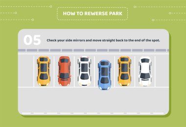 5. aşamanın nasıl park edileceği. Yan aynalarınızı kontrol edin ve durduğunuz yere geri dönün. Sürücüler için eğitici malzemeler. Öğrenme ve eğitme. Çizgi film düz vektör çizimi