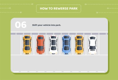 6. aşama nasıl park edilir? Aracınızı park edin. Renkli arabaların en üst görüntüsü. Şehir altyapısı ve sokak. Sürücüler için bilgi ve eğitim materyalleri. Çizgi film düz vektör çizimi