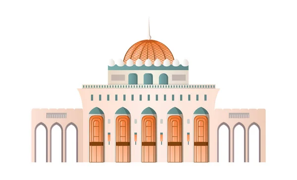 阿曼传统建筑 东方建筑 外墙和立面 历史地标 白色的大大理石庙宇或有橙色穹顶的建筑 卡通平面矢量插图 — 图库矢量图片