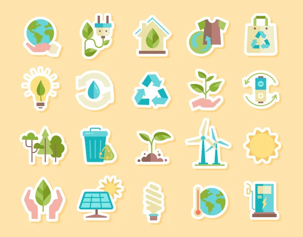 Conjunto Iconos Etiquetas Ambientales Cuidado Naturaleza Ecología Medio Ambiente Molinos — Vector de stock