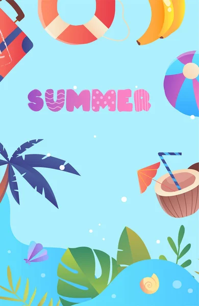 Banner Mit Sommersymbolen Palme Koffer Und Rettungsboje Badeanzug Urlaub Tropischen — Stockvektor