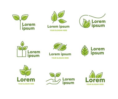 Logo seti. Web sitesi için grafik elementlerin toplanması. Doğal ve organik ürünler ve kozmetik ürünler. Doğa ve ekolojiyle ilgilenin. Beyaz arkaplanda izole edilmiş çizgi film düz vektör çizimleri