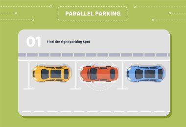 Paralel park aşaması 1. Doğru ve bedava park yeri bul. Sürücü eğitim materyalleri ve bilgi grafikleri. Sarı, kırmızı ve mavi arabanın üst manzarası. Çizgi film düz vektör çizimi