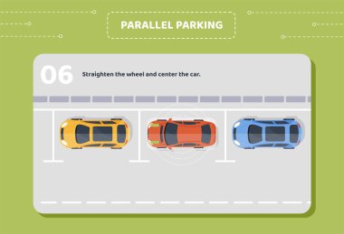 Paralel park aşaması 6. Direksiyonu ve ortadaki arabayı düzelt. Sarı, kırmızı, mavi araçların üst manzarası. Sürücü eğitimi malzemeleri ve bilgi grafikleri. Çizgi film düz vektör çizimi