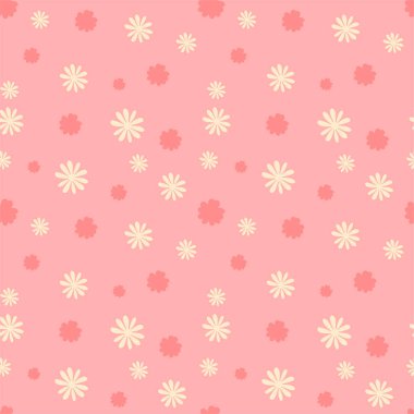 Çiçeklerle kusursuz desen. Paket kağıdı için tasarım ögesi tekrarlanıyor. Pembe arka planda renkli beyaz ve kırmızı bitkiler. Şablon, yerleşim ve modelleme. Çizgi film düz vektör çizimi