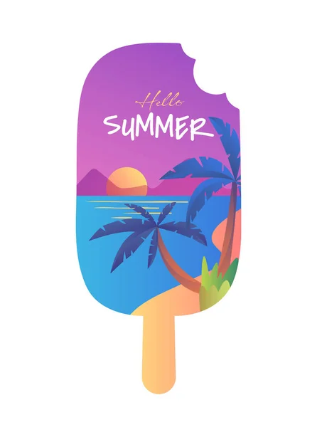 こんにちは夏のポスター トロピカル海岸のアイスクリームの形状のバナー 海や海の海岸の手のひら 熱帯とエキゾチックな国での休日 漫画フラットベクターイラスト — ストックベクタ