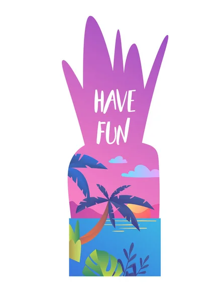 Καλή Διασκέδαση Αφίσα Banner Σχήμα Ανανά Φοίνικες Και Παραλία Εξωτικό — Διανυσματικό Αρχείο