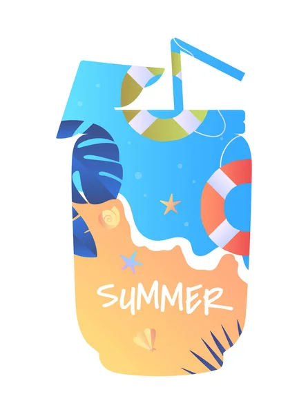 サマーシーショアポスター ビーチとカクテル形のバナー 砂浜海岸付近のスターフィッシュリバイブイ ソーシャルネットワークのカバー ソーダまたはジュース 飲料ドリンク 漫画フラットベクターイラスト — ストックベクタ