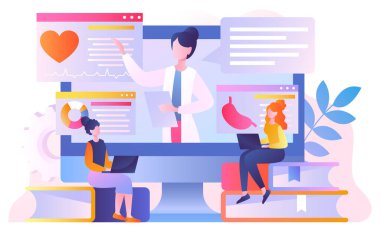 Tıp konferansı konsepti. Laptoplu kadınlar, tıp önlüklü kızlarla iletişim kurar. Giyin ve seminer, online konferans ve teletıp. Eğitim ve eğitim. Çizgi film düz vektör çizimi