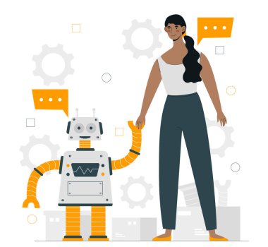Robot ve kadın konsepti. Robotu elle tutan genç bir kız. Yapay zeka ve yenilikler, modern teknolojiler. İş akışı otomasyonu, yardımcı ve asistan. Çizgi film düz vektör çizimi