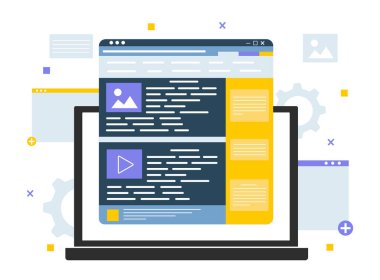 Web sitesi tasarımı. Sayfa kodu yazıyorum. Programlama, ön uç ve arka uç geliştirme. Mesajla video ve resim. Web sayfası içerikle dolduruluyor. Çizgi film düz vektör çizimi
