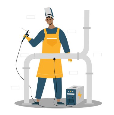 Kaynak makinesi konsepti. Makine tamir boruları olan koruyucu giysili bir adam. Metal ve inşaat işi. Ekipman işçisi. Poster ya da afiş. Çizgi film düz vektör çizimi