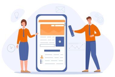 Mobil tasarım konsepti. Erkek ve kadın akıllı telefon için arayüz tasarlayacak. Uygulamalar ve programlar için UI ve UX tasarımı. Tasarımcılar ve serbest çalışanlar. Çizgi film düz vektör çizimi