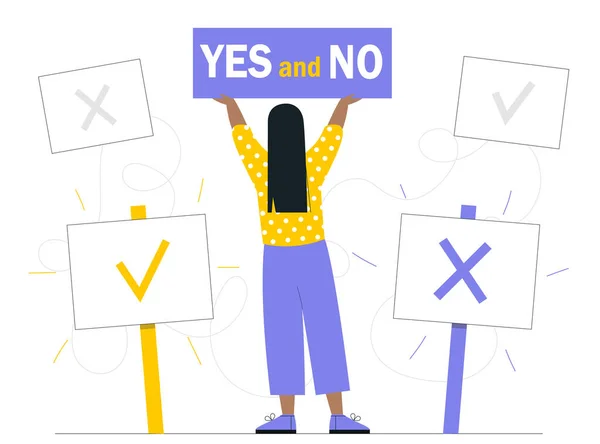 いいえ 女性は選択のサインを掛けます 決定を下し 質問に対する答えを見つけるための比喩 クロスアンドチェックマーク ボイス 政治的な国民投票 漫画フラットベクターイラスト — ストックベクタ
