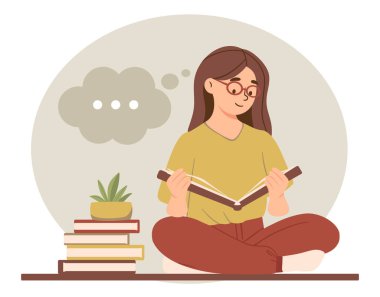 Kız kitap okuyor. Ergen nilüfer pozisyonunda oturur, kitap okur, ödev yapar. Eğitim, öğrenme ve eğitim, sınav ya da sınava hazırlık, kişisel gelişim. Çizgi film düz vektör çizimi