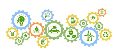 Enerji kaynakları pankartı. Doğayı ve çevreyi önemsemek. Rüzgar jeneratörleri, hidro istasyonu, elektrikli araç ve araba. Geri dönüşüm ve yeniden kullanım. Düz vektör çizimleri beyaz arkaplanda izole edildi