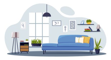 Oturma odası mobilyası. Modern ev dekorasyonu. Lambalı mavi kanepe ve pencere kenarındaki tablolar. Evdeki rahatlık ve rahatlık. Kitaplık ve bitkilerle dolu saksılar. Çizgi film düz vektör çizimi