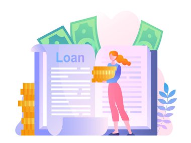 Eğitim kredisi konsepti. Kadın elinde altın sikkelerle kitabın arka planında banknotlarla ayakta duruyor. Üniversitede eğitim ve öğrenim. Çizgi film düz vektör çizimi