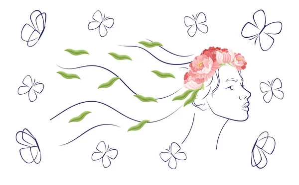 マザーズデイスケッチ ハンドは花と蝶で美しい少女を描きました エレガンスとエレガンス 春と夏の季節のシンボル 漫画フラットベクターイラスト — ストックベクタ
