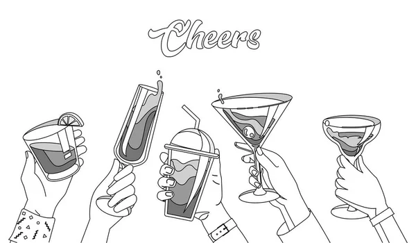 Proost Zwart Wit Karakters Met Glazen Glazen Met Alcoholische Dranken — Stockvector