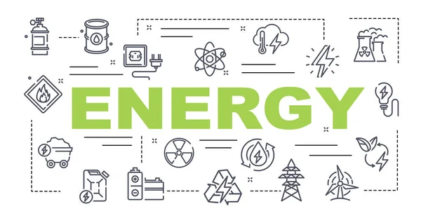 Banner Energetických Ikon Elektřina Napětí Energie Benzín Palivo Uhlí Jaderná — Stockový vektor