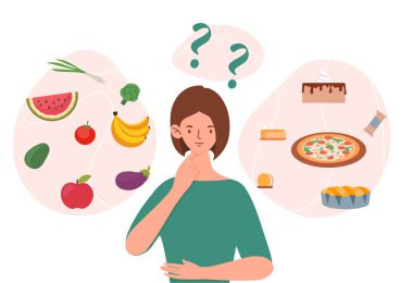 Yemek kararı konsepti. Yeşil tişörtlü kadın bulutların yanında duruyor doğal ve abur cubur yiyor. Sağlık ve organik diyet, düzgün beslenme. Çizgi film düz vektör çizimi