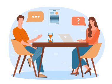 İş görüşmesi konsepti. Kadın sorularını erkek cevaplıyor. İK müdürü ve boş kadro adayı. Şirketin işe alınması ve kelle avcılığı. Adam dizüstü bilgisayarlı kızla konuşuyor. Çizgi film düz vektör çizimi