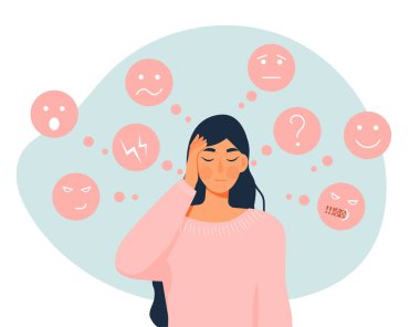 Ruh hali olan bir kadın. Pembe kazaklı genç kız ayakta duruyor ve başını tutuyor. Psikoloji ve akıl sağlığı, duygusal çöküntü. Karakter bipolar bozukluktan muzdarip. Çizgi film düz vektör çizimi